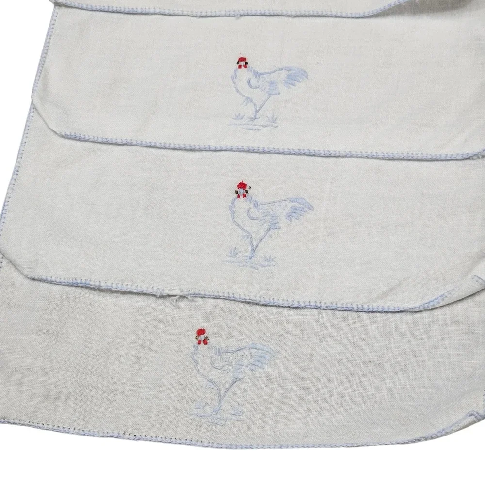 Vintage Country Set of 8 Embroidered Linen Cocktail Napkins‎ White Blue Chicken